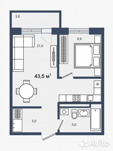 

2-к. квартира, 43,5 м², 2 кровати
