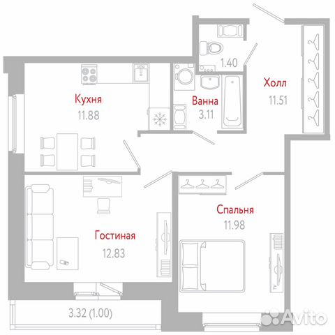 2-к квартира, 53.7 м², 10/11 эт.