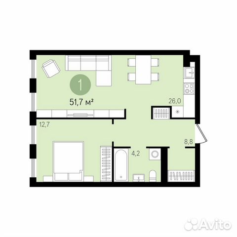 1-к квартира, 51.7 м², 11/17 эт. 1-к квартира, 51.7 м², 11/17 эт.