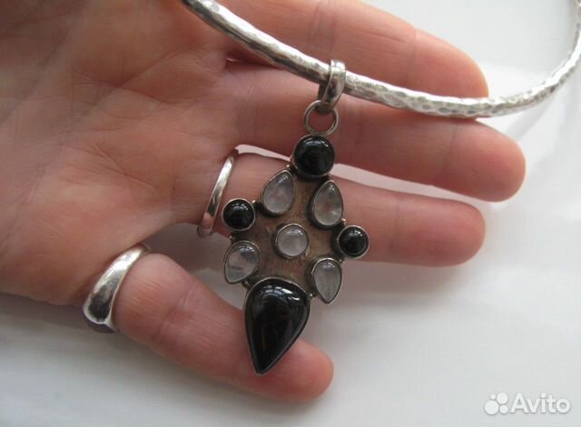 Винтаж Кулон Ожерелье Серебро Оникс Кварц Винтаж Кулон Ожерелье Серебро Оникс Кварц