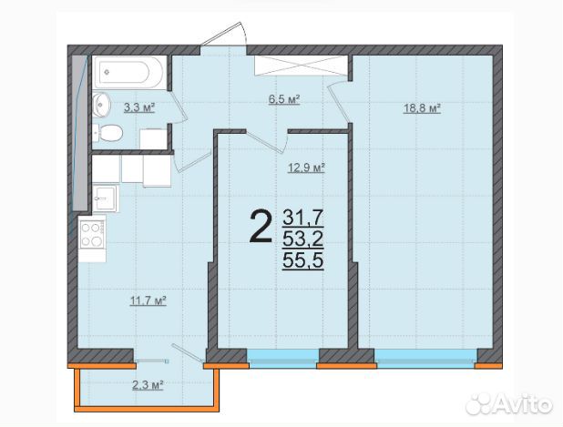 2-к квартира, 55.5 м², 9/16 эт.
