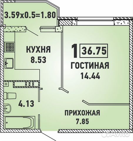 1-к квартира, 36.8 м², 6/18 эт.