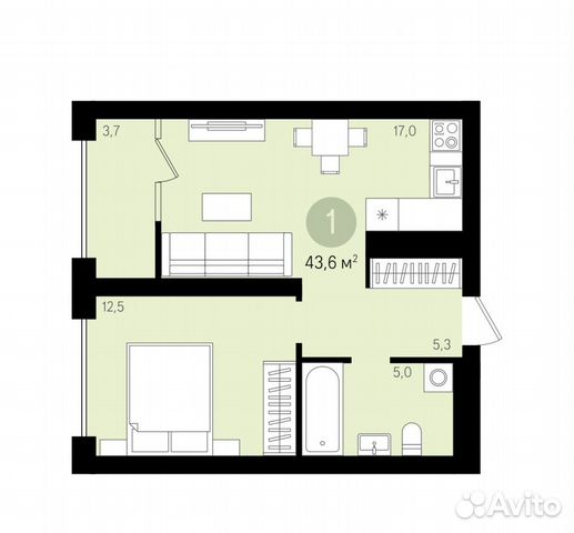 1-к квартира, 43 м², 6/16 эт.