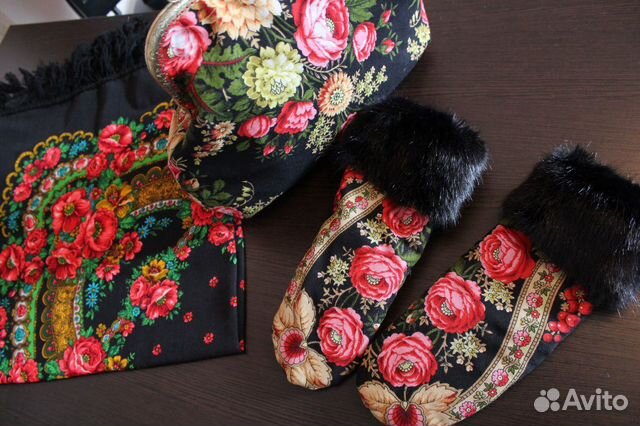 Павловопосад. платок, сумочка,варежки Черные глаза