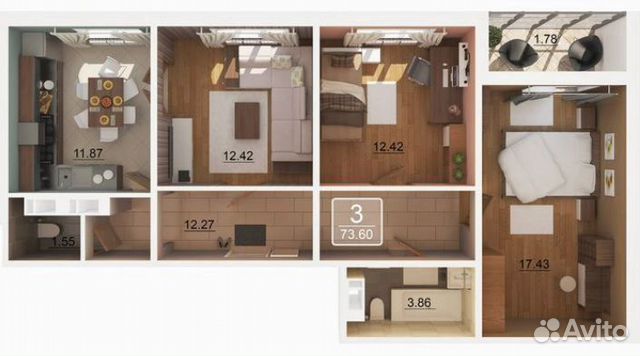 3-к квартира, 73.6 м², 8/17 эт.