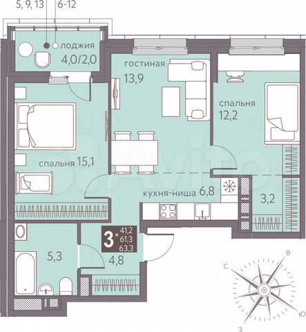 3-к. квартира, 63,3 м², 10/16 эт.