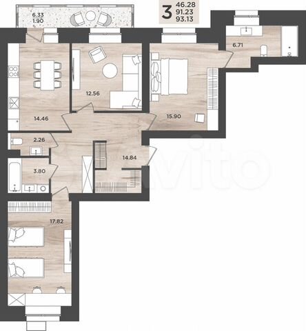 3-к. квартира, 93,1 м², 8/10 эт.