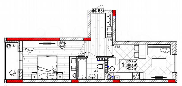 1-к. квартира, 42 м², 4/4 эт.