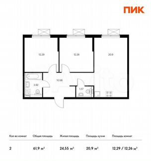 2-к квартира, 61.9 м², 6/16 эт.