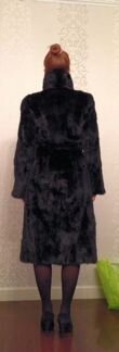 Норковая черная шуба с поясом