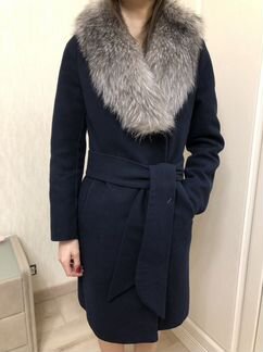Женское зимнее синее пальто с чернобуркой