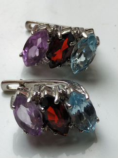 Серьги гранат аметист голубой топаз серебро