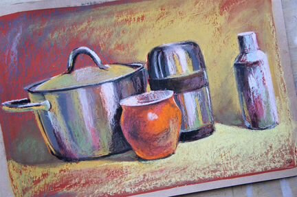 Натюрморт с посудой, сухая пастель, картина