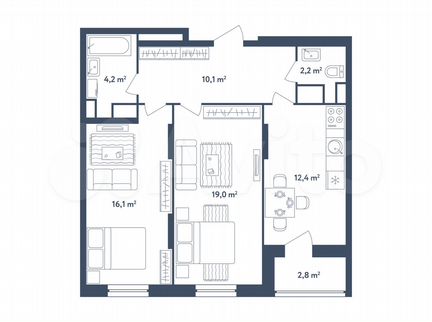 2-к квартира, 65.4 м², 19/25 эт.