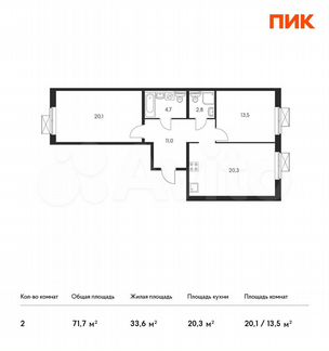 2-к квартира, 71.7 м², 2/25 эт.