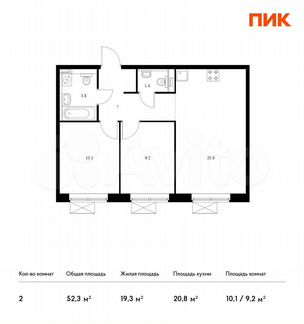 2-к квартира, 52.3 м², 18/19 эт.