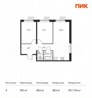 2-к квартира, 59.1 м², 13/25 эт.